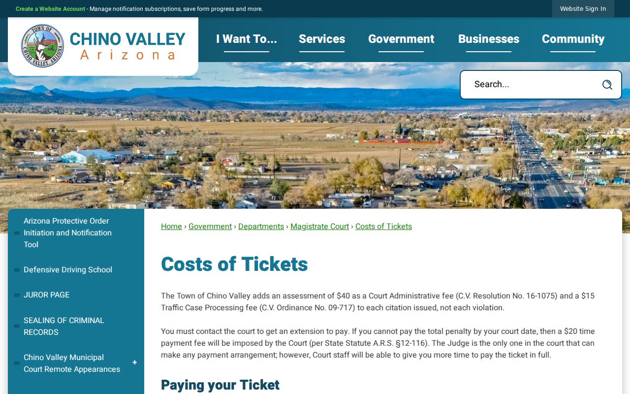 Yavapai County Chino Valley traffic ticket docket costs