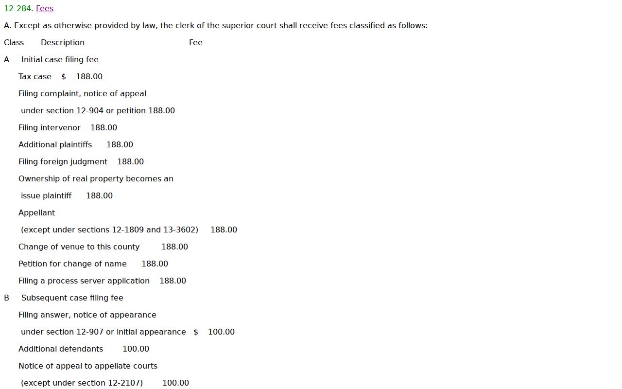 Yavapai County civil docket Superior Court clerk fees