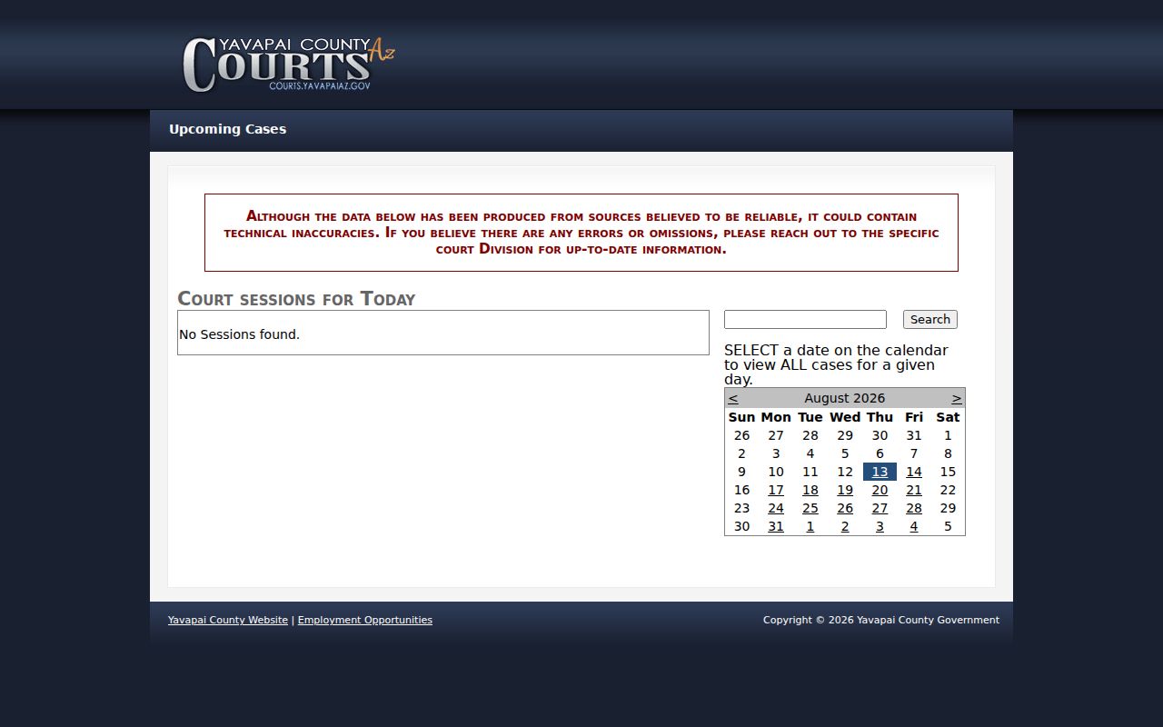 Yavapai County court dates on the Superior Court daily calendar