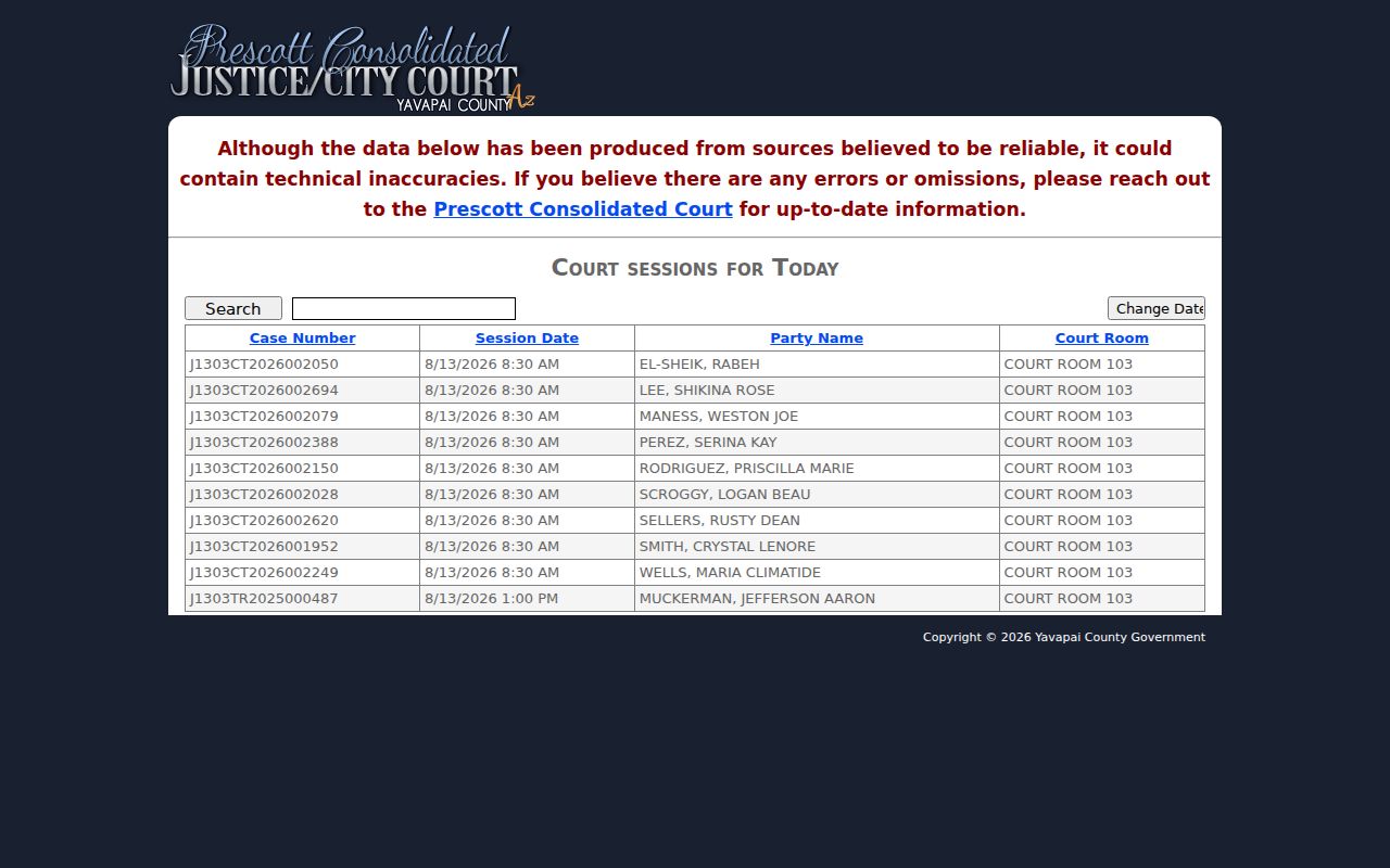 Yavapai County court dates in the Prescott consolidated calendar