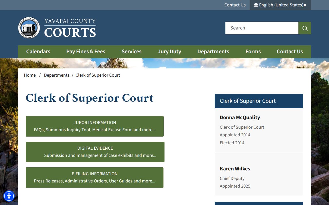 Yavapai County court docket Clerk of Superior Court page
